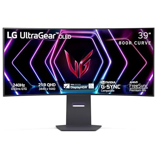 LG 39GS95QE 39-inch UltraGear OLED Curved Gaming Monitor WQHD 800R 240Hz 0.03ms DisplayHDR True Black 400 AMD FreeSync Premium Pro NVIDIA G-Sync HDMI 2.1 DisplayPort Tilt/Height/Swivel Stand Black