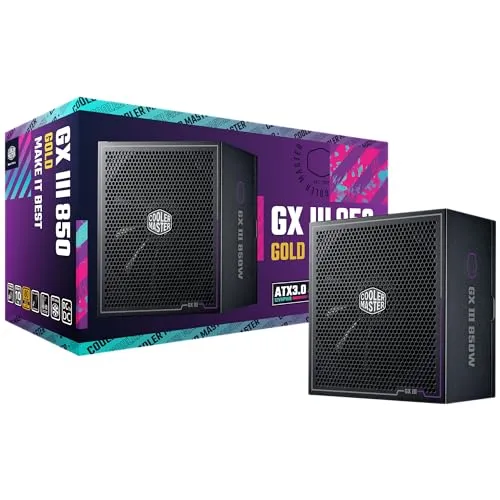 Cooler Master GX III Gold 850W ATX3.0 Full Modular Power Supply, 850W, 80+ Gold, 90-Degree 12VHPWR PCIe 5.0 Connector, Silent Fan | Zero-RPM, 10 Year Warranty (MPX-8503-AFAG-BUS)