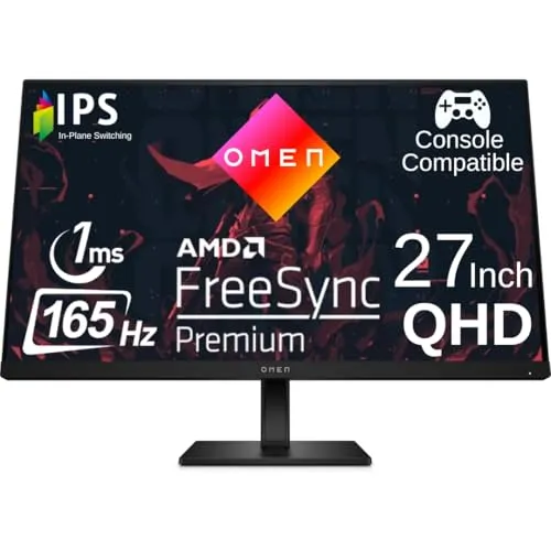 HP OMEN 27q 27 inch QHD Gaming Monitor 165Hz IPS 1ms AMD Freesync Premium Console Compatible DisplayPort Dual HDMI VESA Mountable for Laptop Computer PS5 Xbox Desk Setup, Black (Renewed)
