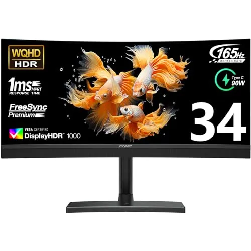 INNOCN 34 Inch Curved Ultrawide Gaming Monitor Mini LED 3440 x 1440p 165Hz PC Computer Gaming Monitor, USB Type C Power Delivery, HDMI, DP, Stereo Speakers, Charger Pad, Black
