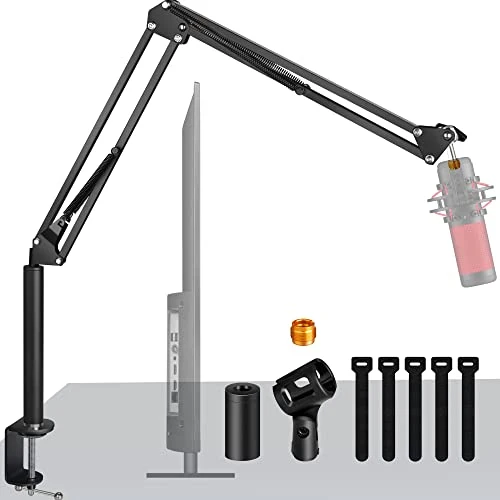 eWonLife Mic Boom Arm Stand, Overhead Microphone Arm Desk Mount with High Riser, Adjustable Suspension Boom Scissor Arm Stand with 3/8" to 5/8" Screw Adapter for Blue Yeti Snowball, HyperX QuadCast