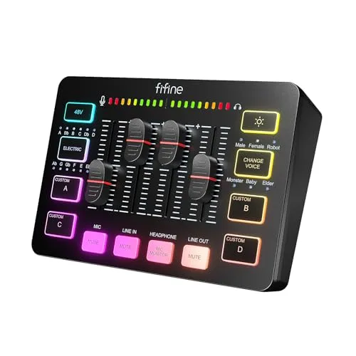 FIFINE Gaming PC Audio Mixer for Streaming, DJ Mixer with Volume Fader, XLR Microphone Interface, Channel Control, Mute, Sound Effect, 48V Phantom Power, Streamer Setup for Podcast Recording-SC3