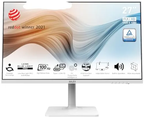 MSI Modern MD272XPW, 27" Monitor, IPS, 1920 x 1080 (FHD), FreeSync, 100Hz, TUV Certified Eyesight Protection, 1ms, VGA, HDMI, Black