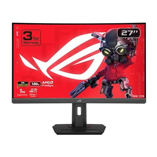 ASUS ROG Strix 27” 1440P HDR400 USB-C Curved Gaming Monitor (XG27WCS) - QHD (2560 x 1440), 180Hz, 1ms, Fast VA, 125% sRGB, DCI-P3 95%, ELMB Sync, FreeSync, DisplayWidget, Tripod Socket, 3yr warranty
