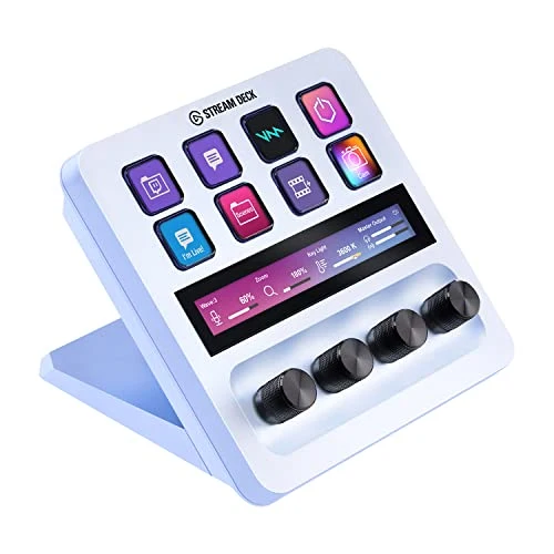Elgato Stream Deck + White, audio mixer, live production and studio controller for content creators, streaming, gaming, with customizable touch bar, control knobs and LCD keys, for Mac and PC