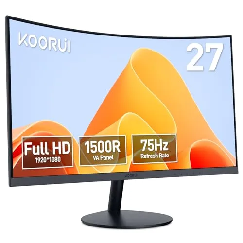 KOORUI 27-Inch Curved Computer Monitor- Full HD 1080P 75Hz Gaming Monitor 1500R LED Monitor HDMI VGA, Tilt Adjustment, Eye Care, Black