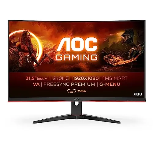 AOC Gaming C32G2ZE - 32 Inch FHD Curved Monitor, 240Hz, 1 ms MPRT, VA AMD FreeSync Premium, Low Input Lag (1920x1080@ 240Hz, 300 cd/m², HDMI/DP)