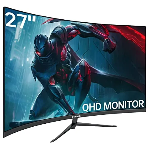 Gawfolk QHD Curved 27 inch Gaming Monitor 2K (2560 * 1440P) 165Hz, 1ms, Frameless 1800R Computer Display with FreeSync & Eye-Care Technology, PC Monitor Support DP+HDMI Port (Black)