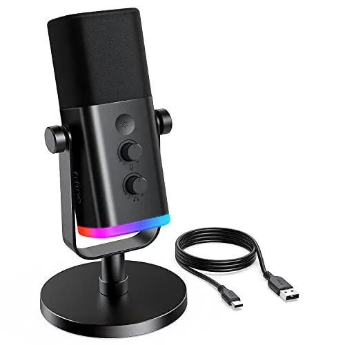 Fifine XLR/USB Dynamic Podcasting Microphone, Gaming Studio Computer PC Mic with RGB, Mute Button, Headphones Jack, Desktop Stand, for Streaming Recording Vocal VoiceOver YouTube Singing-AM8