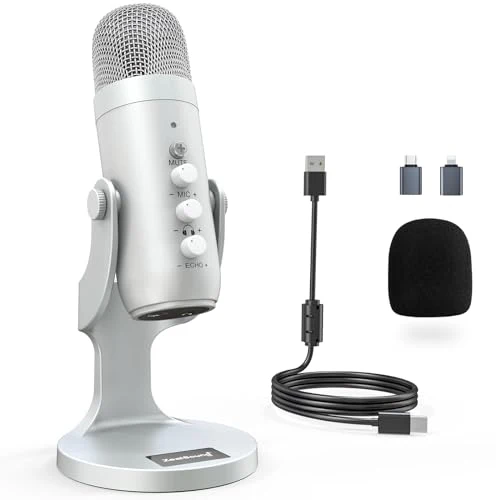 zealsound USB Microphone, k66 Silver Gaming Mic for PC Phone PS5, Desktop Condenser Microphone for Podcast, Streaming, Recording, Asmr, YouTube, Twitch Zoom w/Mute/Gain/Echo, Work on Mac Windows
