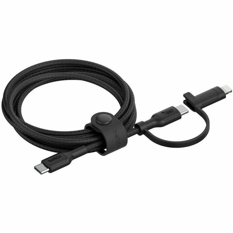 Câble Belkin BoostCharge Pro 2-en-1 avec connecteurs USB-C et Lightning CAC003fq1.5MBK