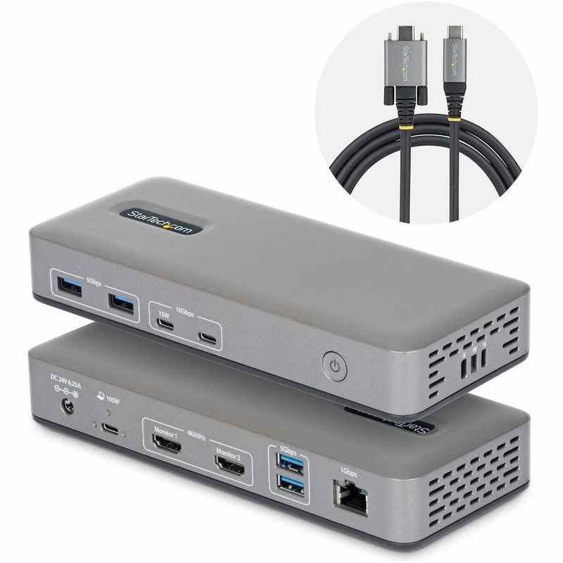 Station d'accueil StarTech double écran USB-C, HDMI, 4K 60 Hz, charge rapide pour ordinateur portable 100 W, 1 GbE, sans pilote, station d'accueil multi-écrans 196N-USBC-DOCK