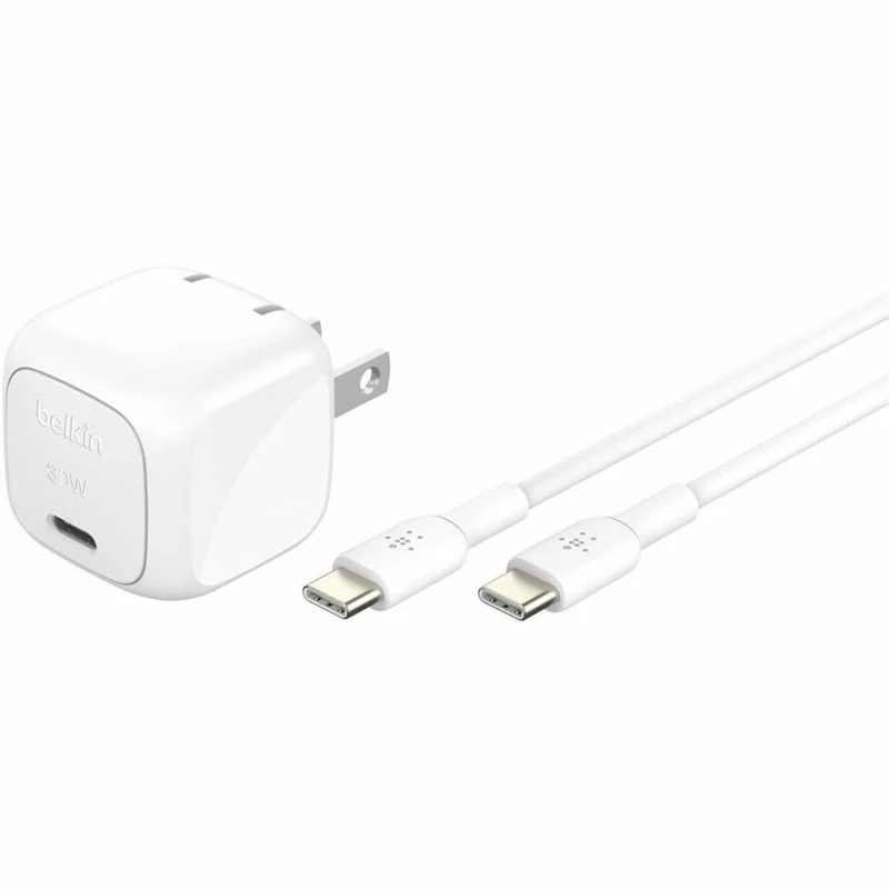 Chargeur mural portable Belkin 30 W USB-C - 1 câble USB-C (30 W) - Charge rapide - Adaptateur secteur avec câble USB-C vers USB-C - Blanc WCA008DQ1MWH-B6