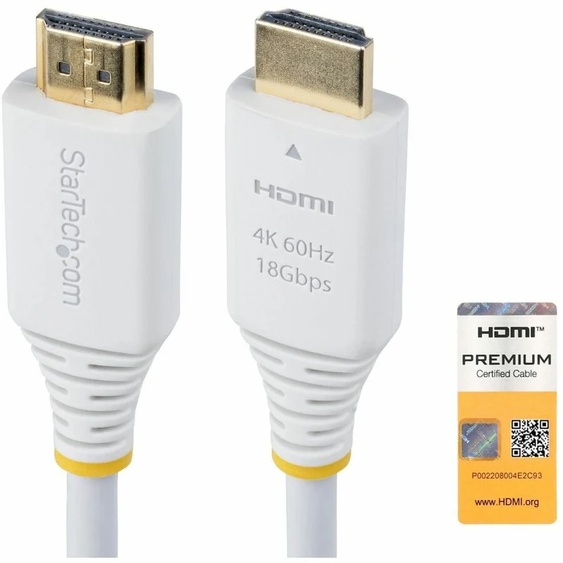 Câble HDMI haute vitesse certifié premium StarTech.com de 1.8 m (6 pi), 4K 60 Hz/1440p 144 Hz, 18 Gbit/s, UHD HDMI 2.0, gaine TPE, blanc (HDMI2-CABLE-4K60-6FW)