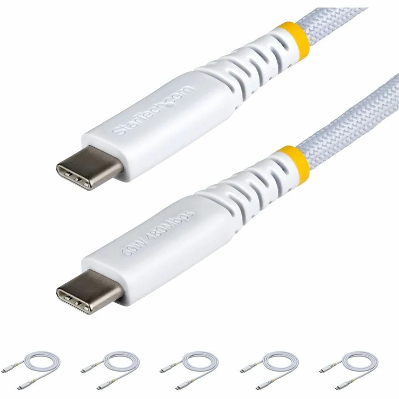 Lot de 5 câbles de charge USB-C blancs StarTech.com de 91 cm (3 pi), 60 W (3 A) PD, gaine tressée double couche en nylon/TPE, câble de charge USB-C robuste USB2CC3FNCBRWH5PK