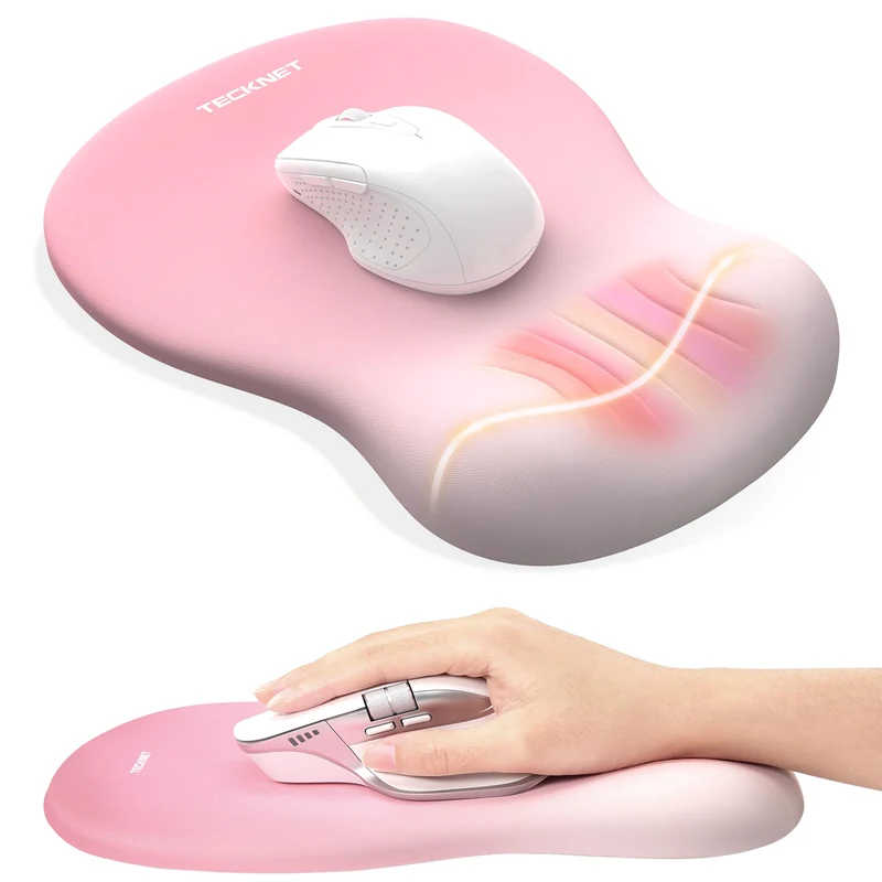 TECKNET Ergonomic Mouse Pad with Wrist Rest, Memory Foam Mousepad with Wrist Support, Smooth Surface, Middle Concave & Non-Slip Base for Laptop/PC, Pain Relief for Home Office Gaming, Pink