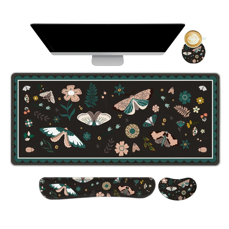 Lauspuck Large Mouse Pad and Keyboard Wrist Rest, Desk Pad for Keyboard and Mouse, Gaming Mousepad with Wrist Support, Non-Slip Desk Mat for Home Office, Black Butterfly Flower