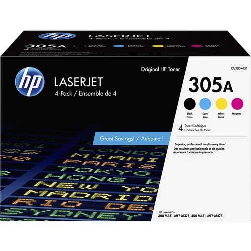 Cartouche de toner laser HP 305A (CE305AQ1) d'origine - Pack combiné - Noir, cyan, magenta, jaune - 4 par carton CE305AQ1